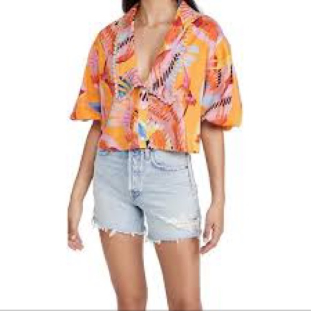 Farm Rio / Neon Macaw Bird Print Collar Puff Sleeve Cropped Blouse / Size Large